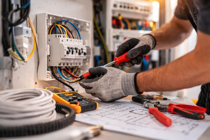 Elektriker installiert Stromleitungen und Elektroinstallation in einem Neubau