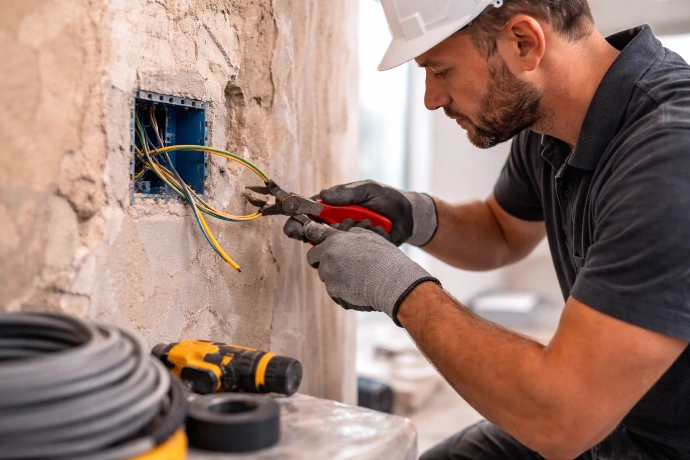 Elektriker modernisiert Elektroinstallation und Leitungen bei Haussanierung